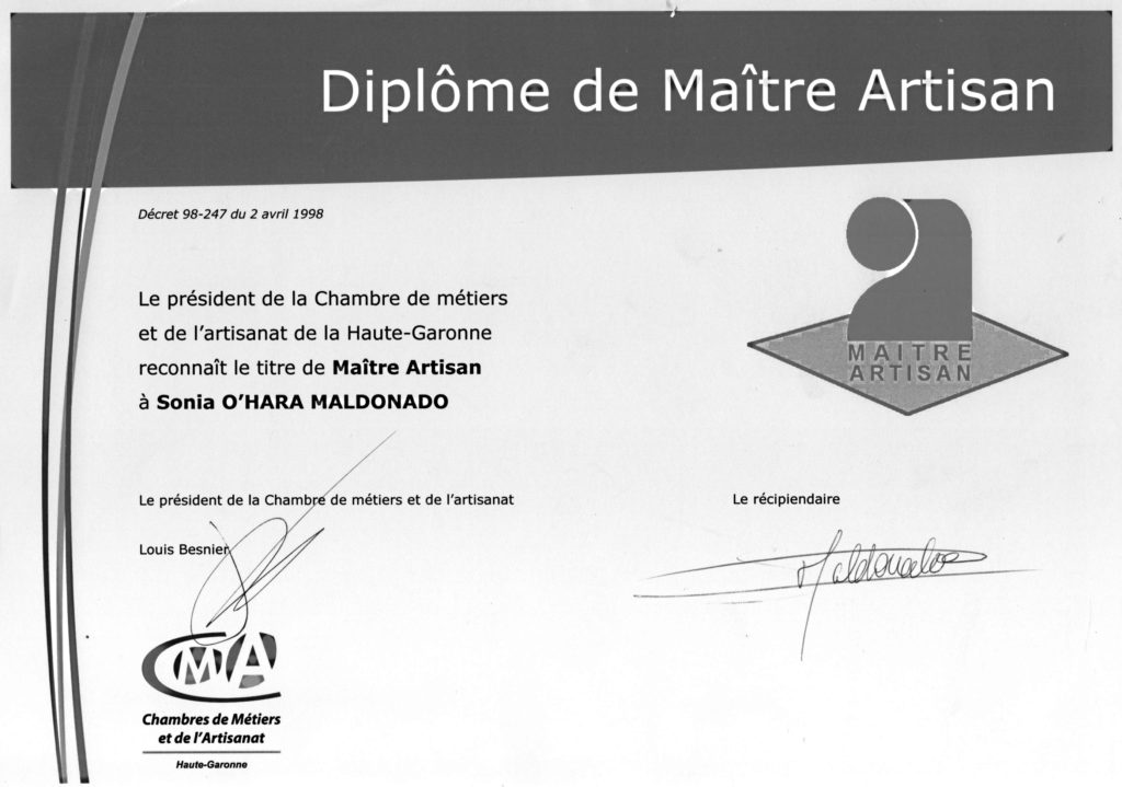 Contact Itinér'HAIR 0672538951 : diplôme de Maître Artisan délivré à Sonia Maldonado par la chambre de  métiers et de l'artisanat de la Haute Garonne